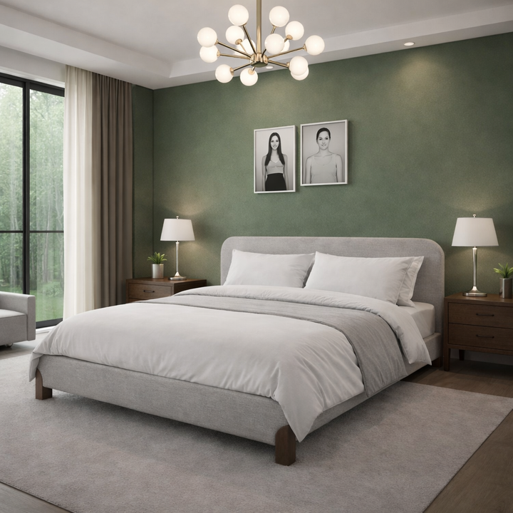 Capucine - Lit avec tête de lit en tissu feutrine et lattes massives