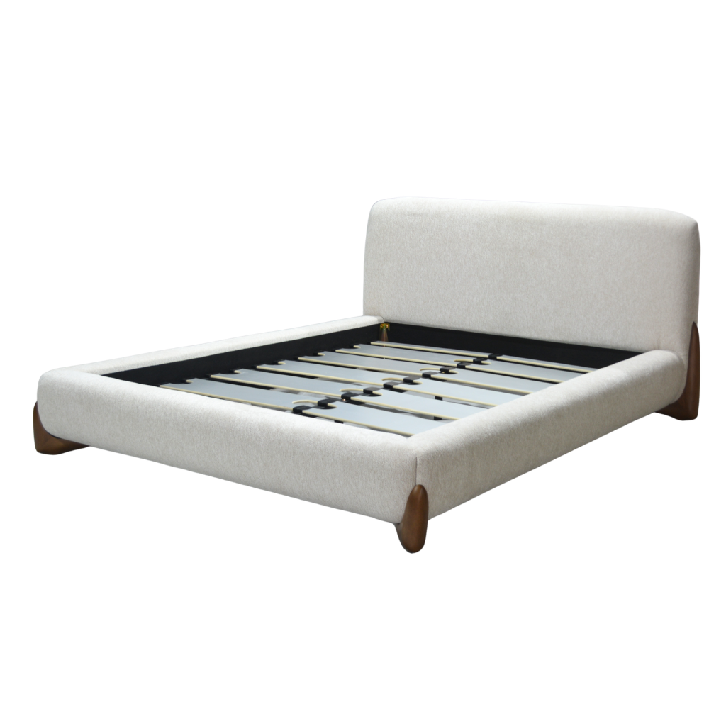 Capucine - Lit avec tête de lit en tissu feutrine et lattes massives