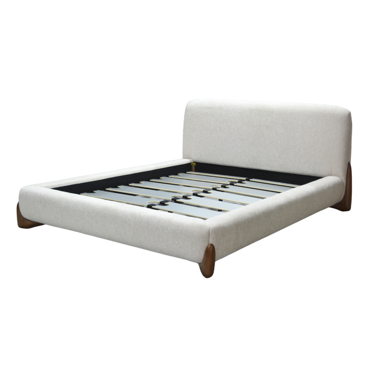 Capucine - Lit avec tête de lit en tissu feutrine et lattes massives