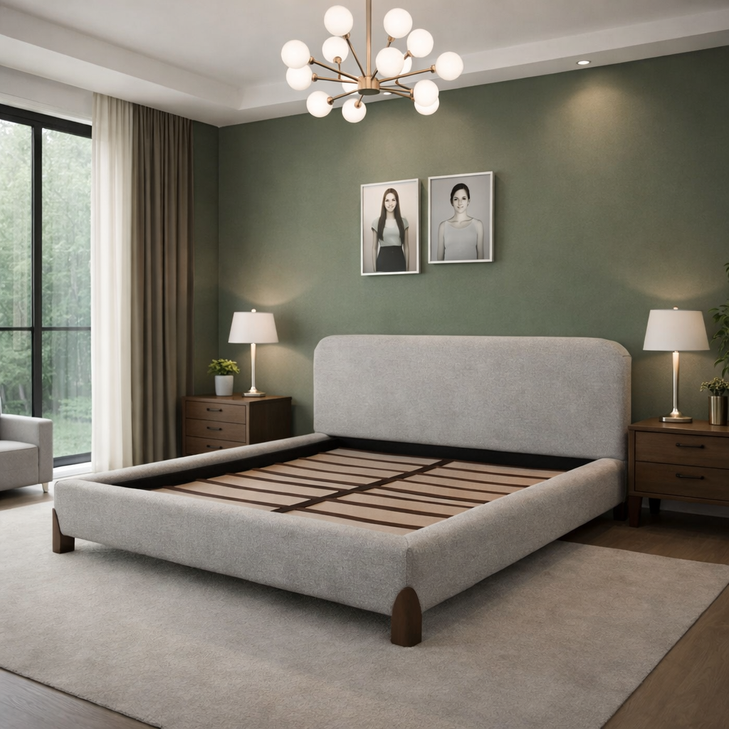 Capucine - Lit avec tête de lit en tissu feutrine et lattes massives