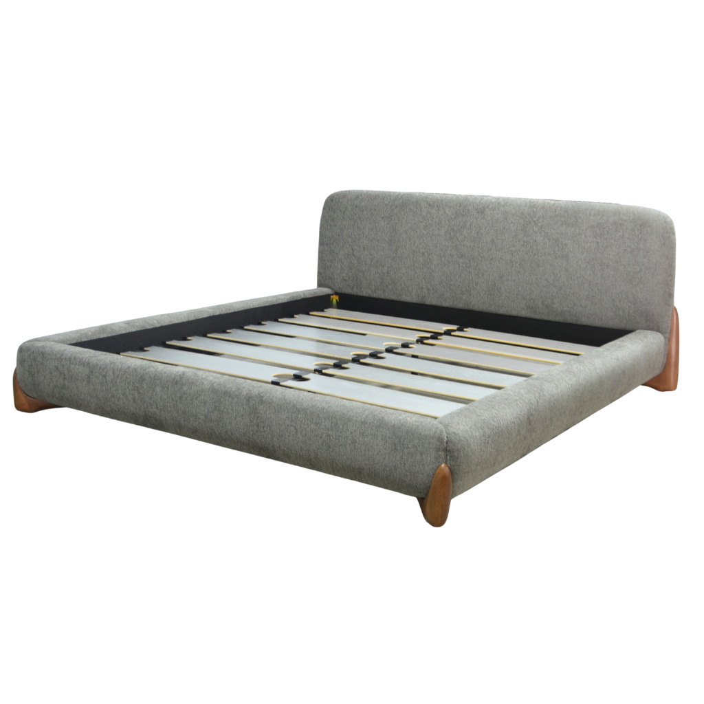 Capucine - Lit avec tête de lit en tissu feutrine et lattes massives