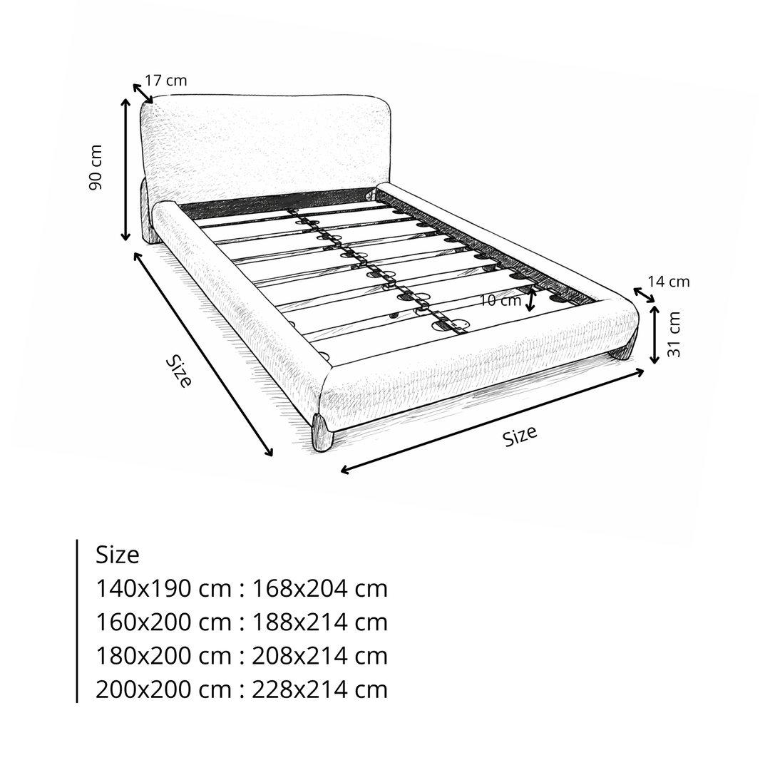 Capucine - Lit avec tête de lit en tissu feutrine et lattes massives