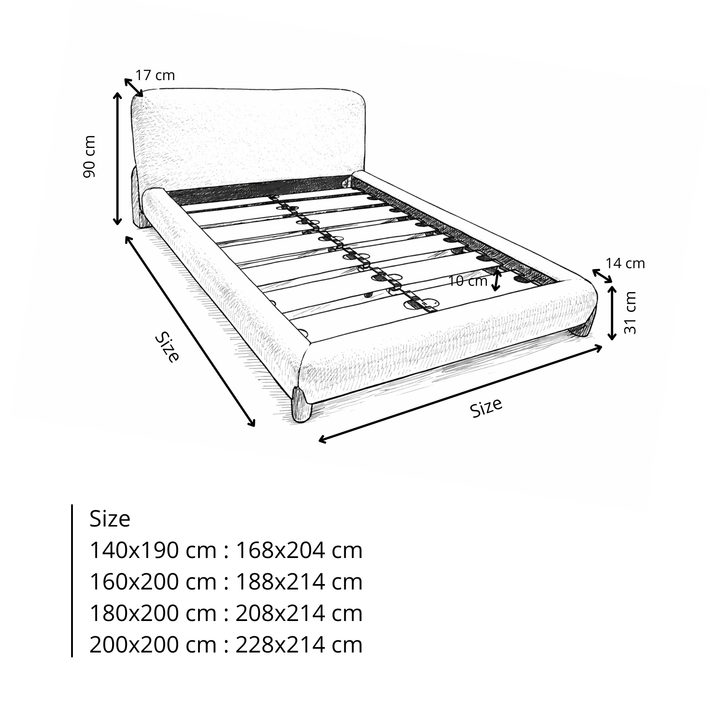 Capucine - Lit avec tête de lit en tissu feutrine et lattes massives