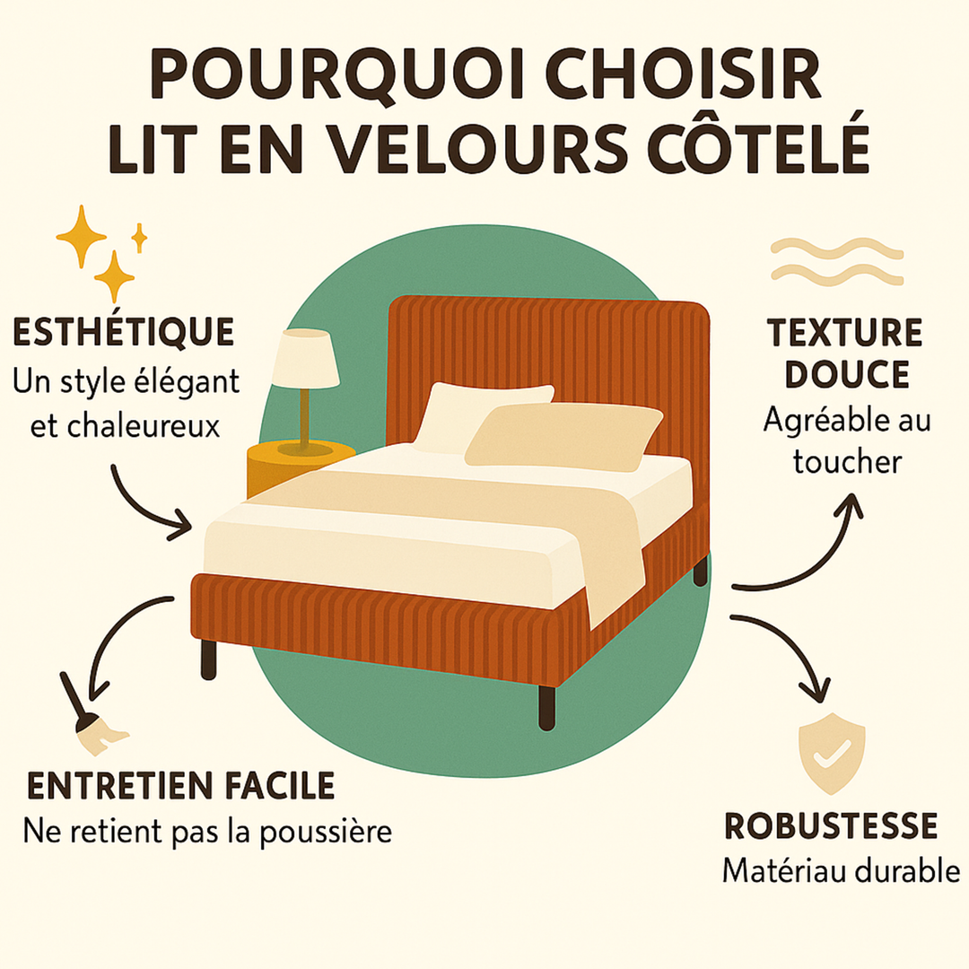 Loft - Lit coffre velours côtelé avec tête de lit et grand coffre
