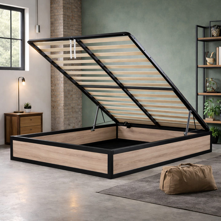 Factory - Lit coffre style industriel sans tête de lit Bois clair