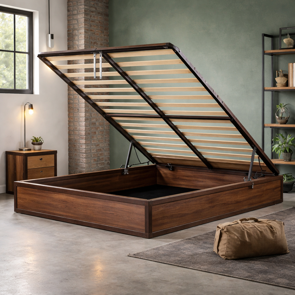 Factory - Lit coffre style industriel sans tête de lit Bois foncé