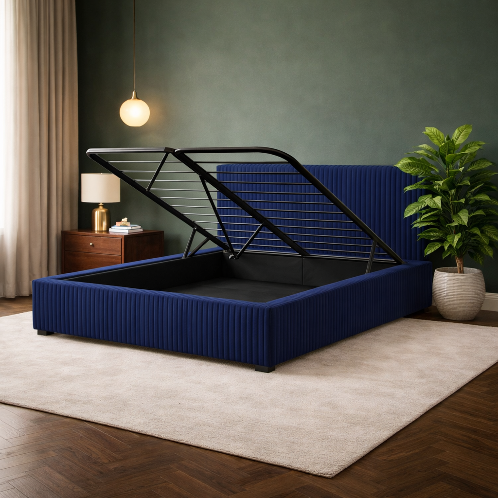 Loft - Lit coffre avec tête de lit et grand coffre Velours côtelé Bleu