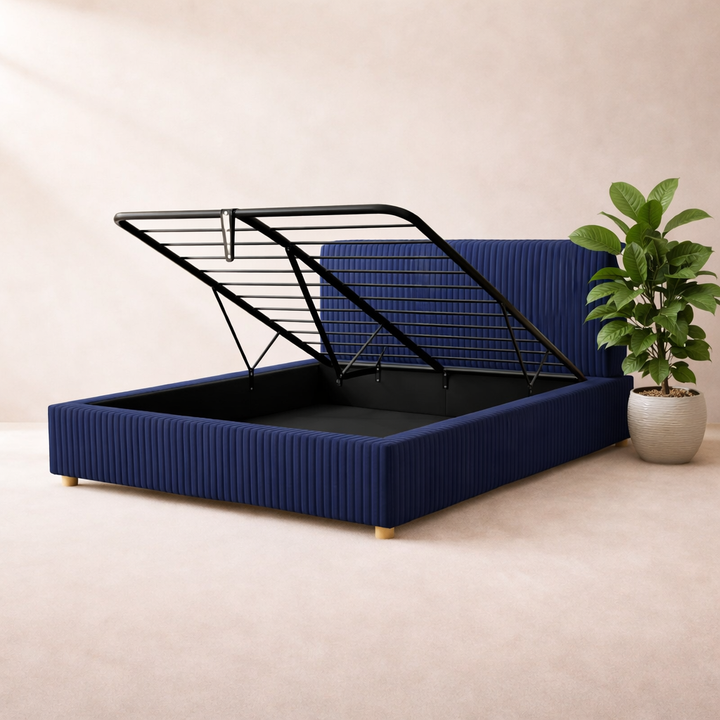 Loft - Lit coffre avec tête de lit et grand coffre Velours côtelé Bleu