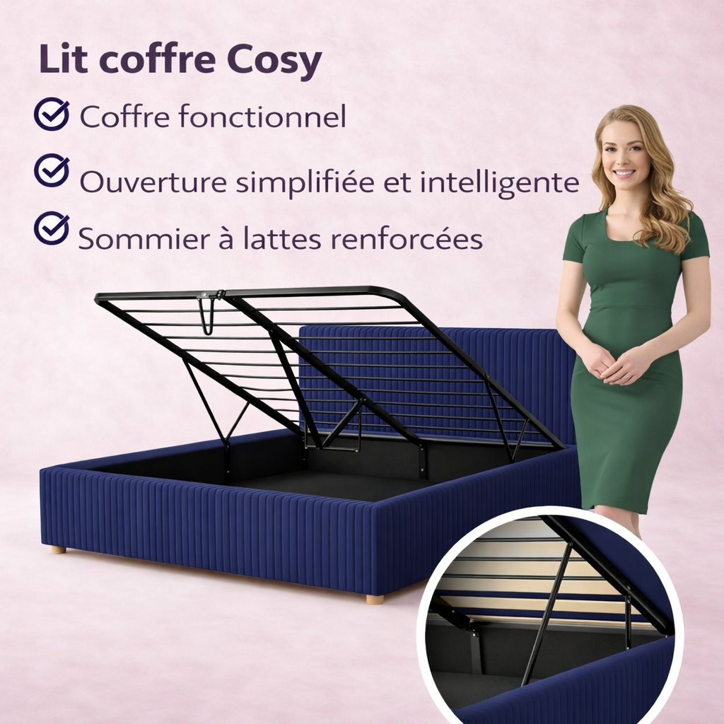 Loft - Lit coffre avec tête de lit et grand coffre Velours côtelé Bleu