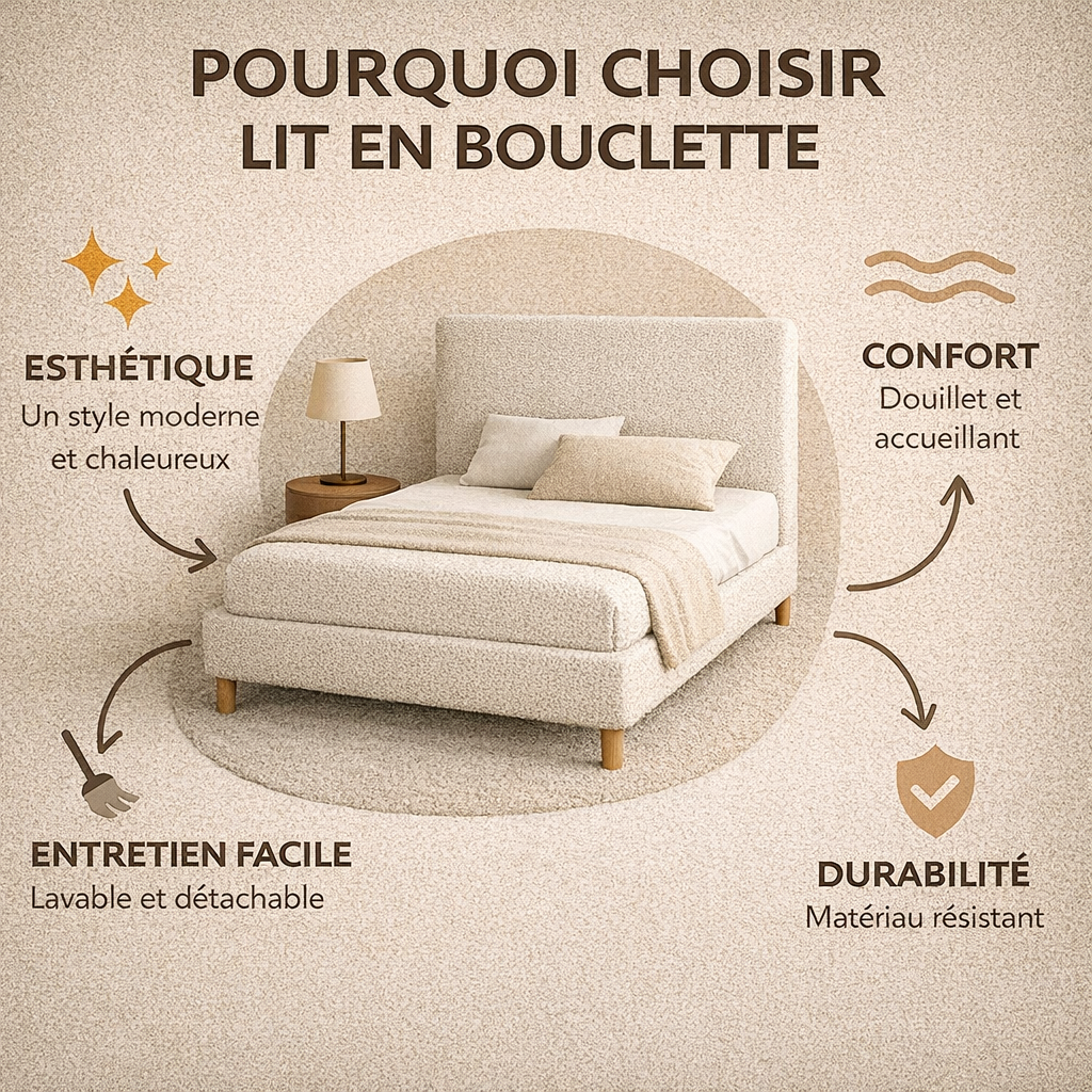 Loft - Lit avec tête de lit design nordique en tissu bouclette Sable