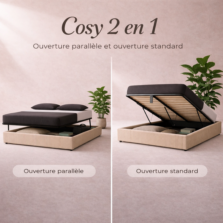 Cosy - Lit coffre innovant et cadre de lit en velours côtelé Sable