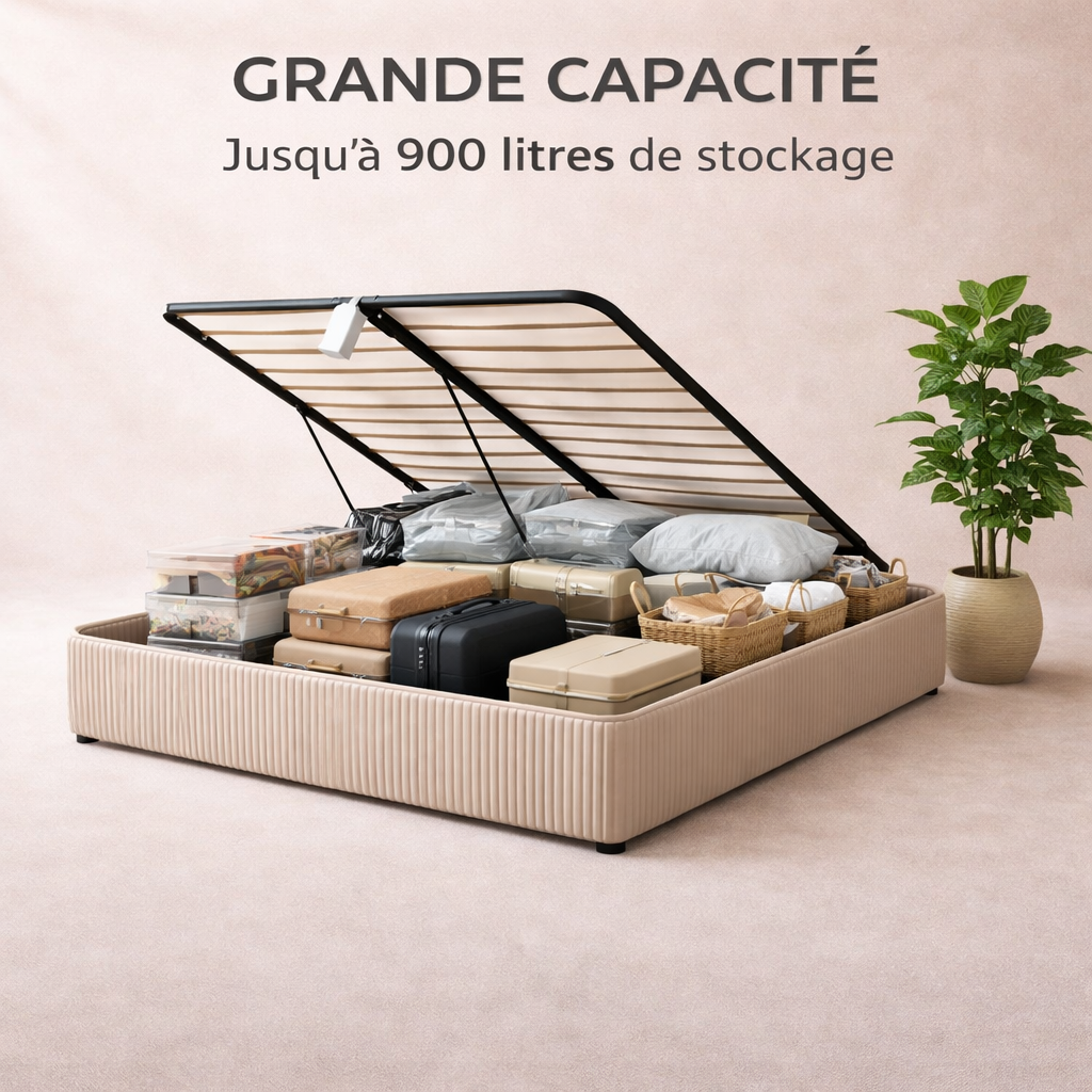 Cosy - Lit coffre avec sommier et cadre de lit en velours côtelé Sable