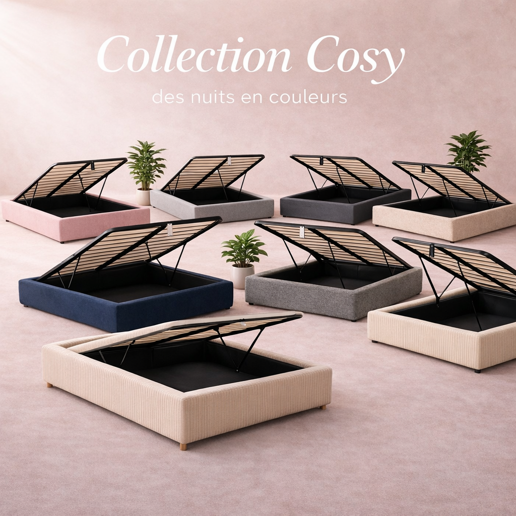 Cosy - Lit coffre avec sommier et cadre de lit en tissu Gris foncé