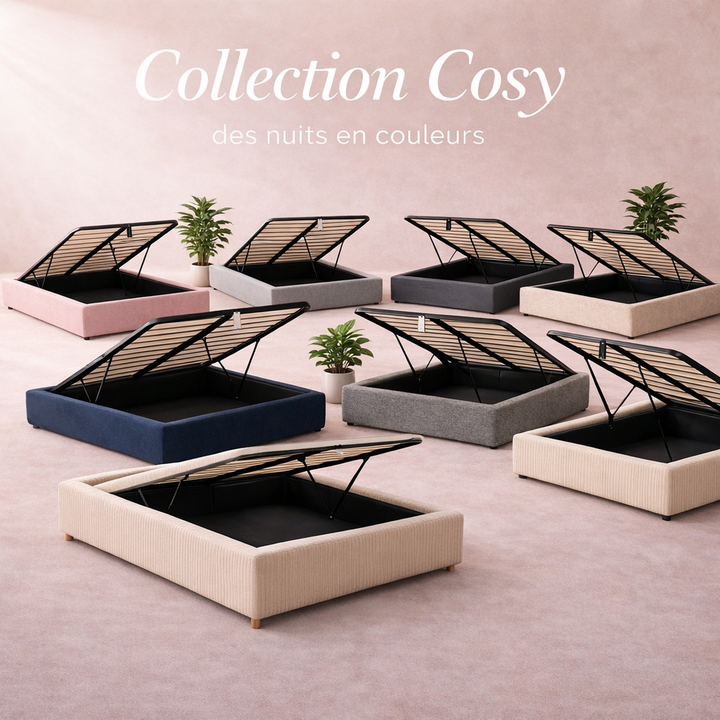 Cosy - Lit coffre avec sommier et cadre de lit en tissu Gris foncé