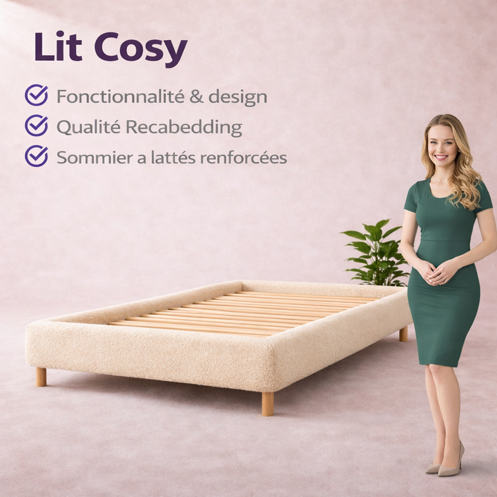 Cosy - Lit sans tête de lit cadre de lit en tissu bouclette Beige