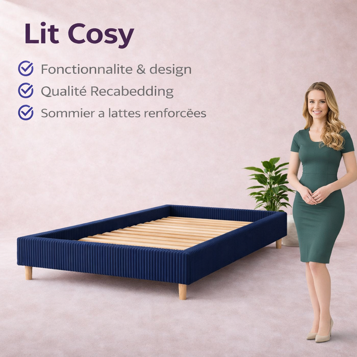 Cosy - Lit sans tête de lit cadre de lit en velours côtelé Bleu nuit