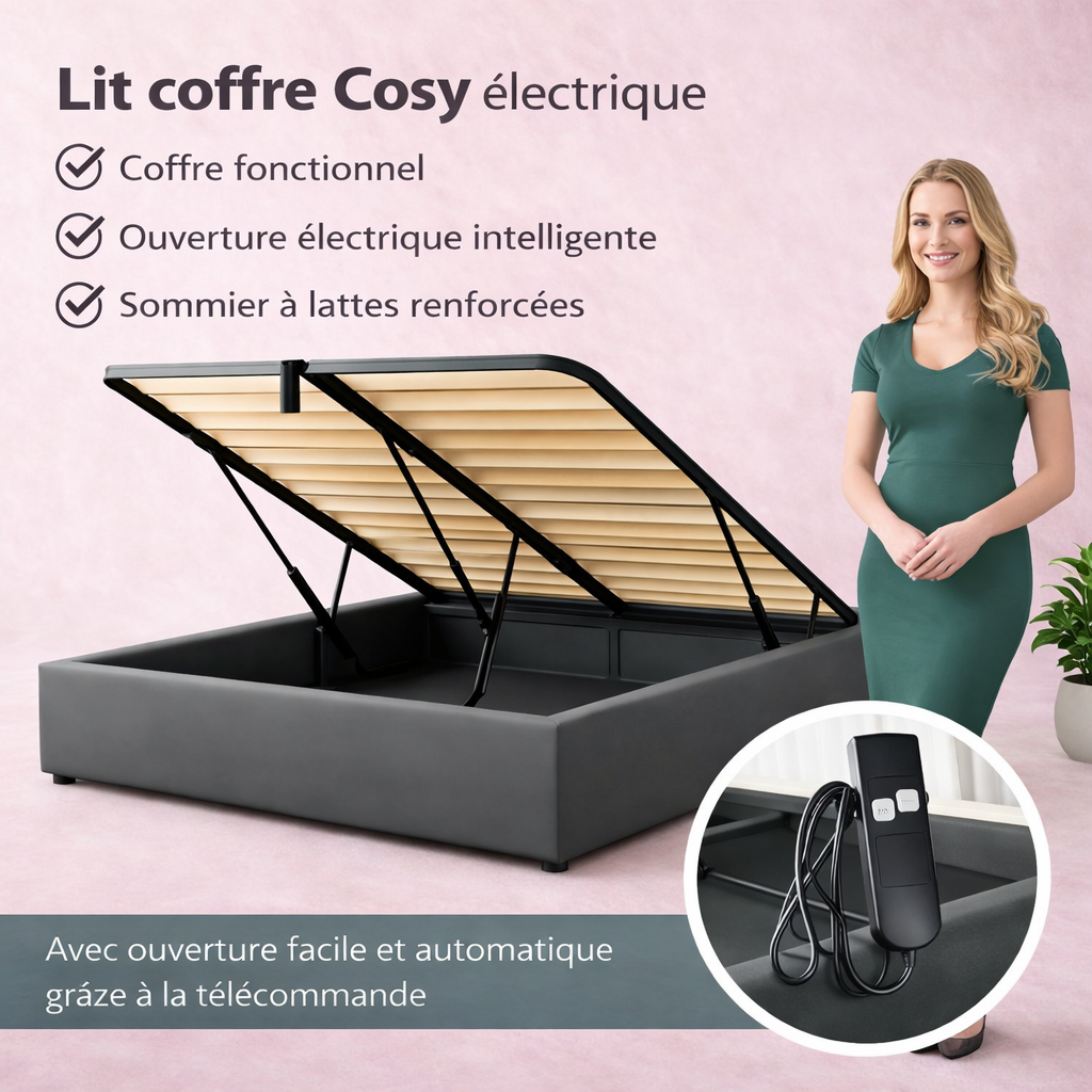 Cosy - Lit coffre électrique et cadre de lit en simili cuir Gris