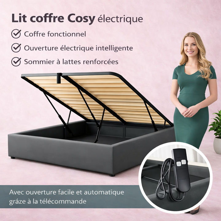 Cosy - Lit coffre électrique et cadre de lit en simili cuir Gris