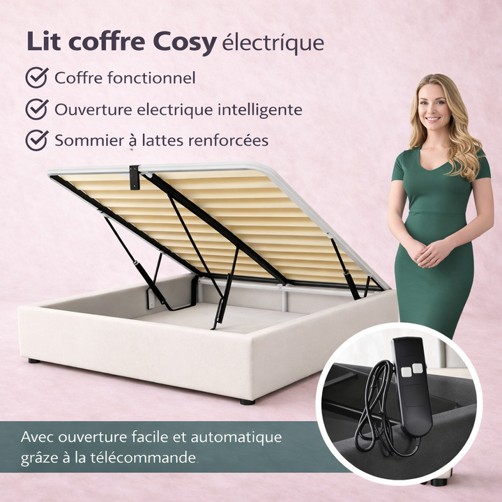 Cosy - Lit coffre électrique et cadre de lit en simili cuir Blanc