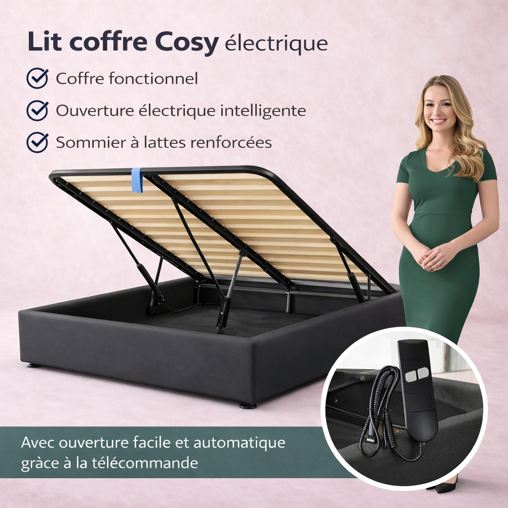 Cosy - Lit coffre électrique et cadre de lit en simili cuir Noir