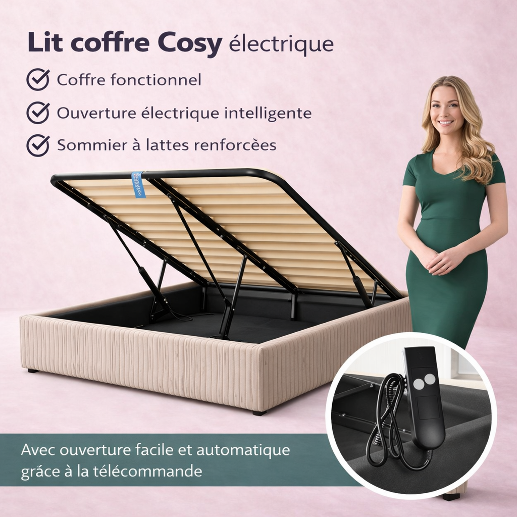 Cosy - Lit coffre électrique et cadre de lit en velours côtelé Sable