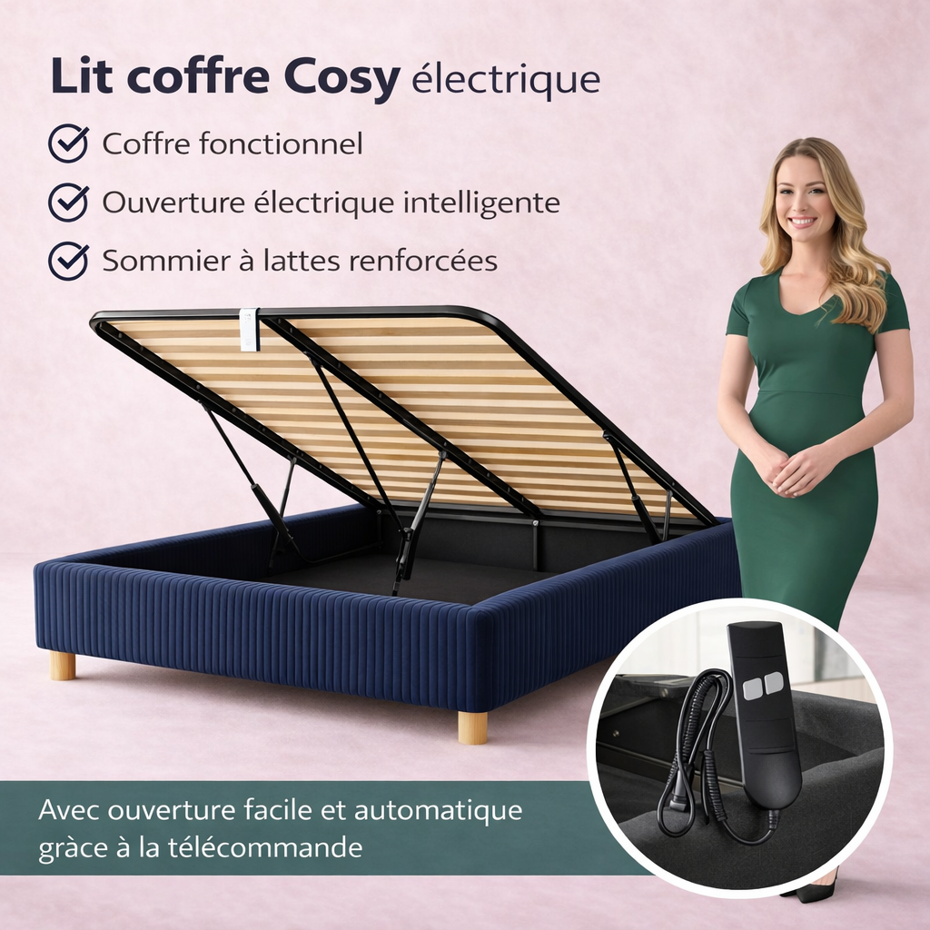 Cosy - Lit coffre électrique et cadre de lit en velours côtelé Bleu nuit