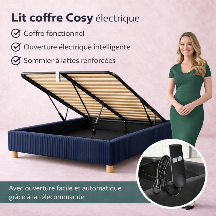 Cosy - Lit coffre électrique et cadre de lit en velours côtelé Bleu nuit