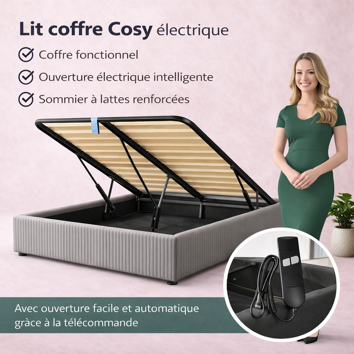 Cosy - Lit coffre électrique et cadre de lit en velours côtelé Gris