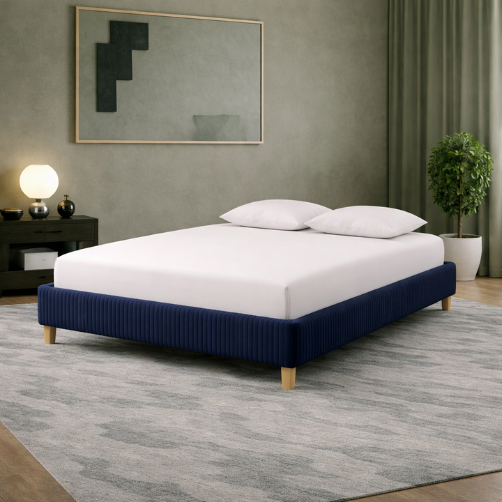 Cosy - Lit sans tête de lit cadre de lit en velours côtelé Bleu nuit