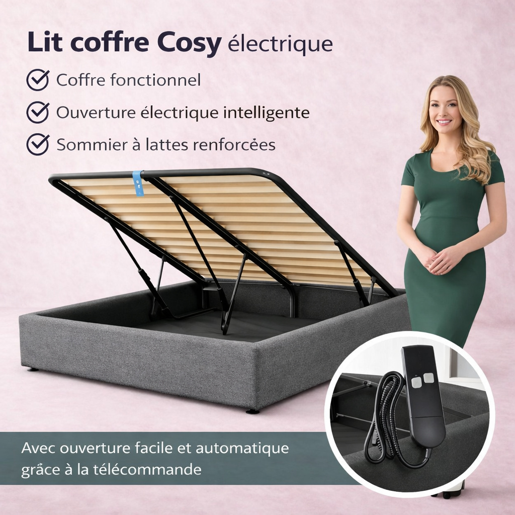 Cosy - Lit coffre électrique et cadre de lit en bouclette Gris