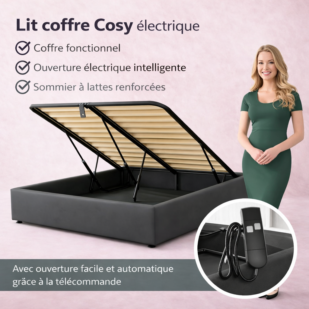 Cosy - Lit coffre électrique et cadre de lit en tissu Gris foncé