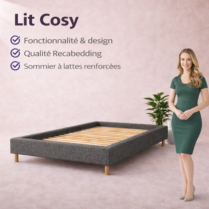 Cosy - Lit sans tête de lit cadre de lit en tissu bouclette Gris