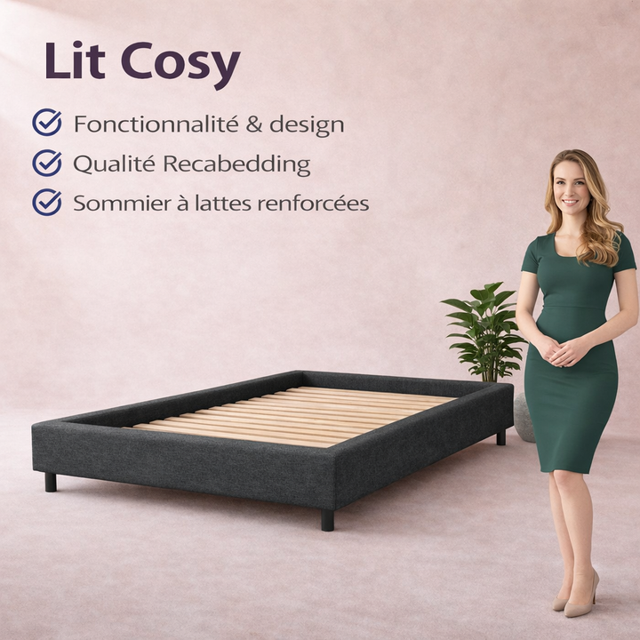 Cosy - Lit sans tête de lit cadre de lit en tissu Gris foncé