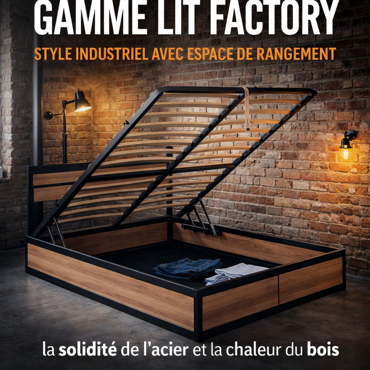 Factory - Lit coffre style industriel avec tête de lit Bois foncé