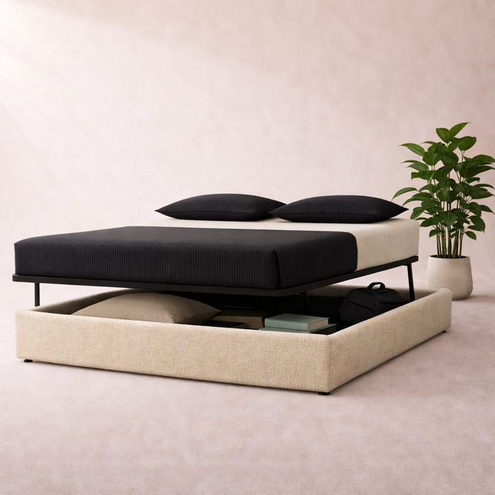 Cosy - Lit coffre innovant et cadre de lit en bouclette Sable