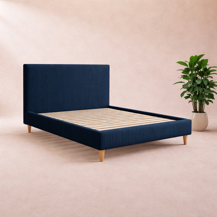 Loft - Lit avec tête de lit design nordique en velours côtelé Bleu
