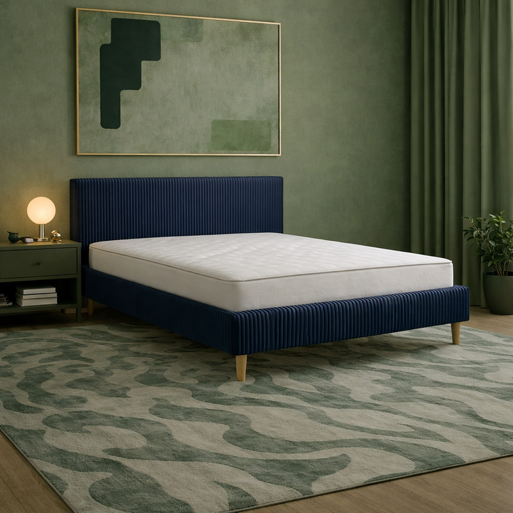 Loft - Lit avec tête de lit design nordique en velours côtelé Bleu