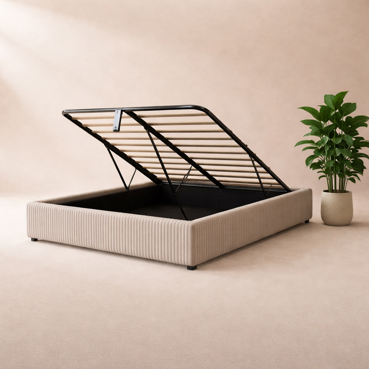 Cosy - Lit coffre électrique et cadre de lit en velours côtelé Sable