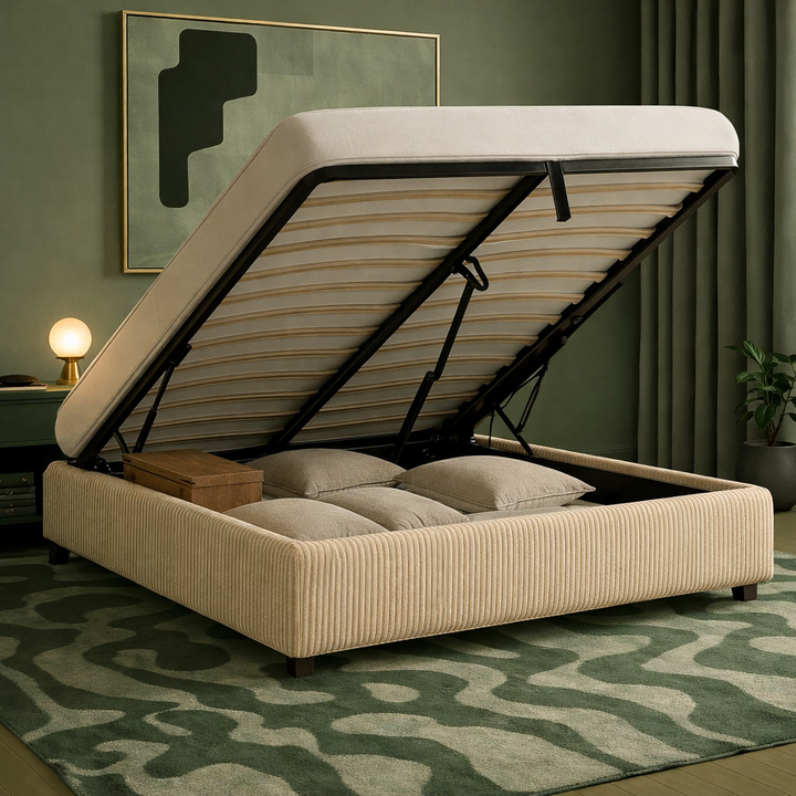 Cosy - Lit coffre électrique et cadre de lit en velours côtelé Sable