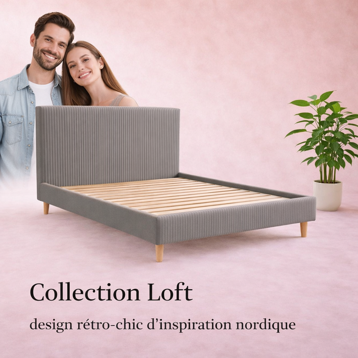 Loft - Lit avec tête de lit design nordique en velours côtelé Gris
