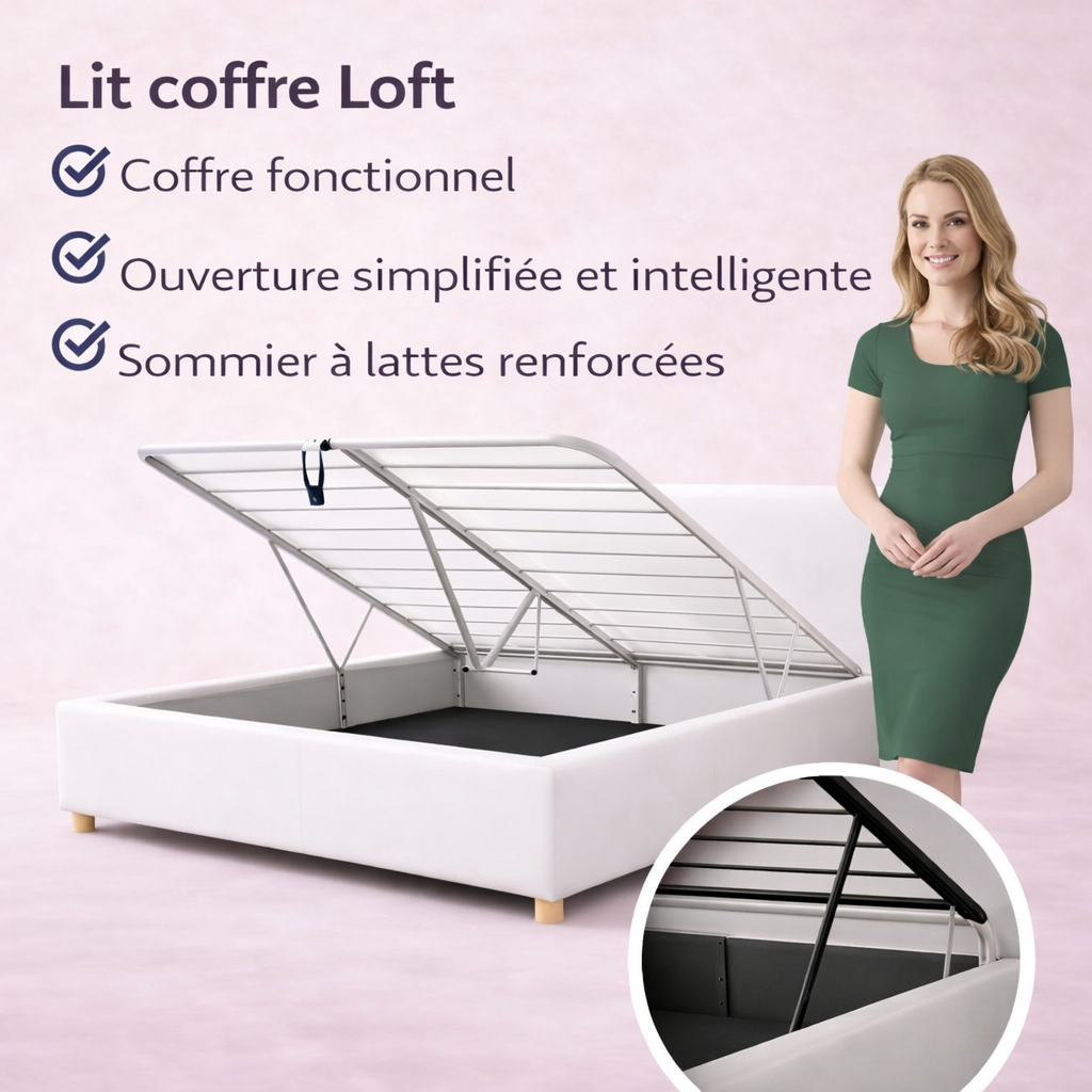 Loft - Lit coffre avec tête de lit et grand coffre simili cuir Blanc