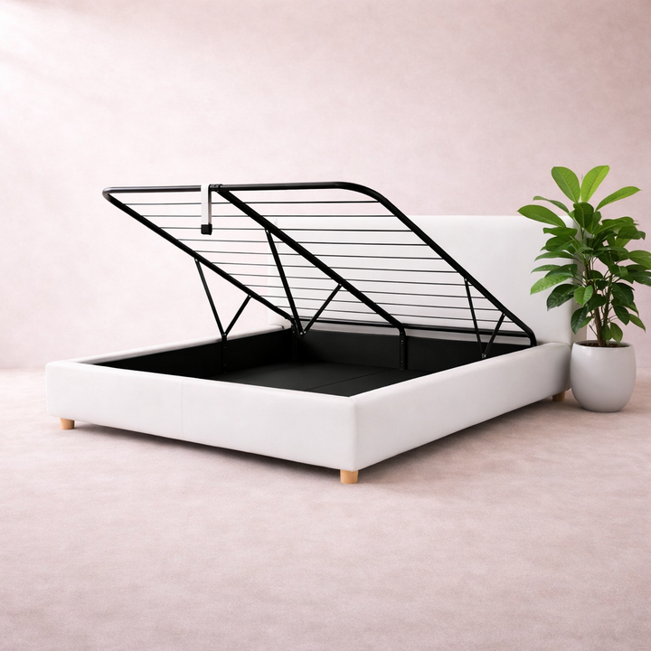 Loft - Lit coffre avec tête de lit et grand coffre simili cuir Blanc