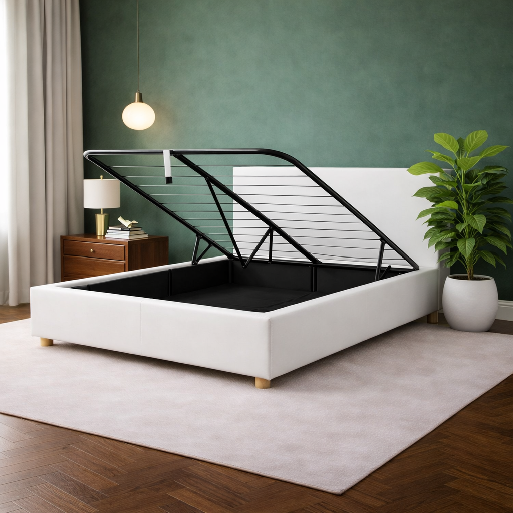 Loft - Lit coffre avec tête de lit et grand coffre simili cuir Blanc