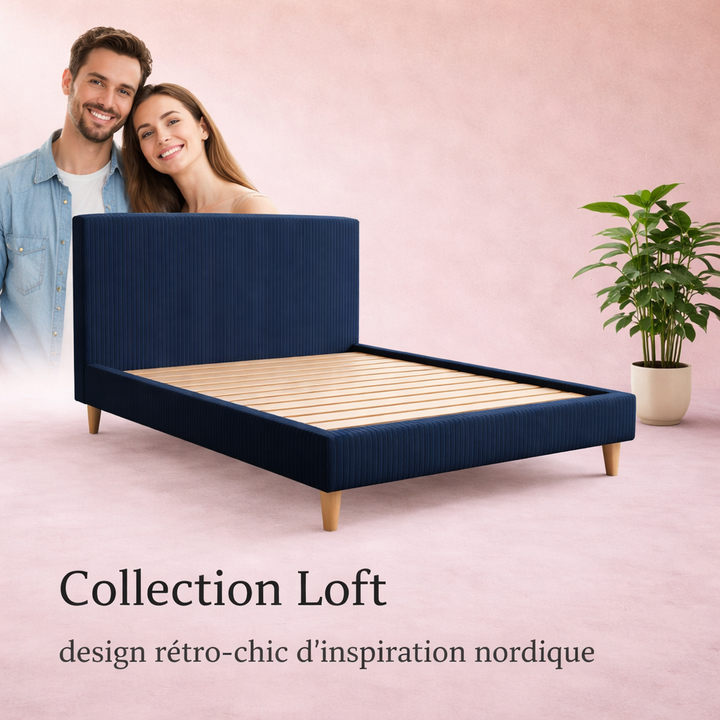 Loft - Lit avec tête de lit design nordique en velours côtelé Bleu