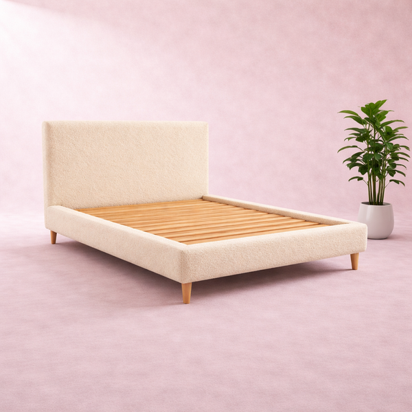 Loft - Lit avec tête de lit design nordique en tissu bouclette Sable