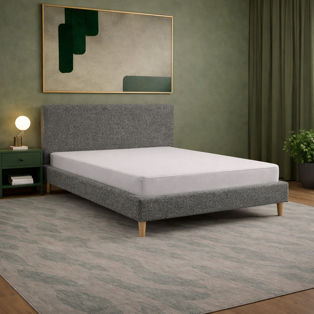 Loft - Lit avec tête de lit design nordique en tissu bouclette Gris