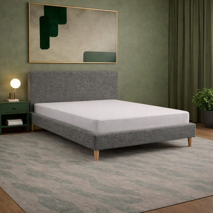 Loft - Lit avec tête de lit design nordique en tissu bouclette Gris