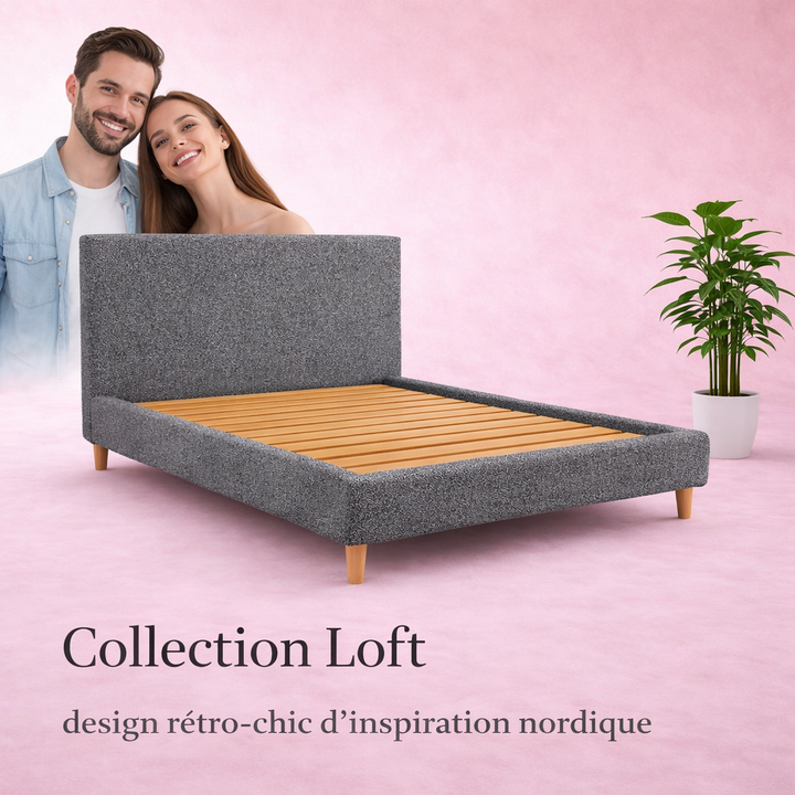 Loft - Lit avec tête de lit design nordique en tissu bouclette Gris