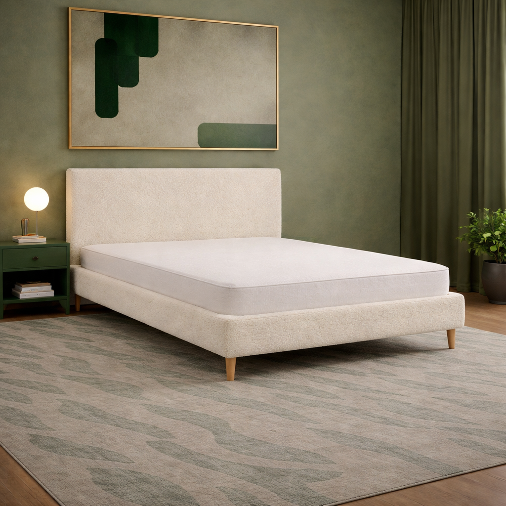 Loft - Lit avec tête de lit design nordique en tissu bouclette Sable