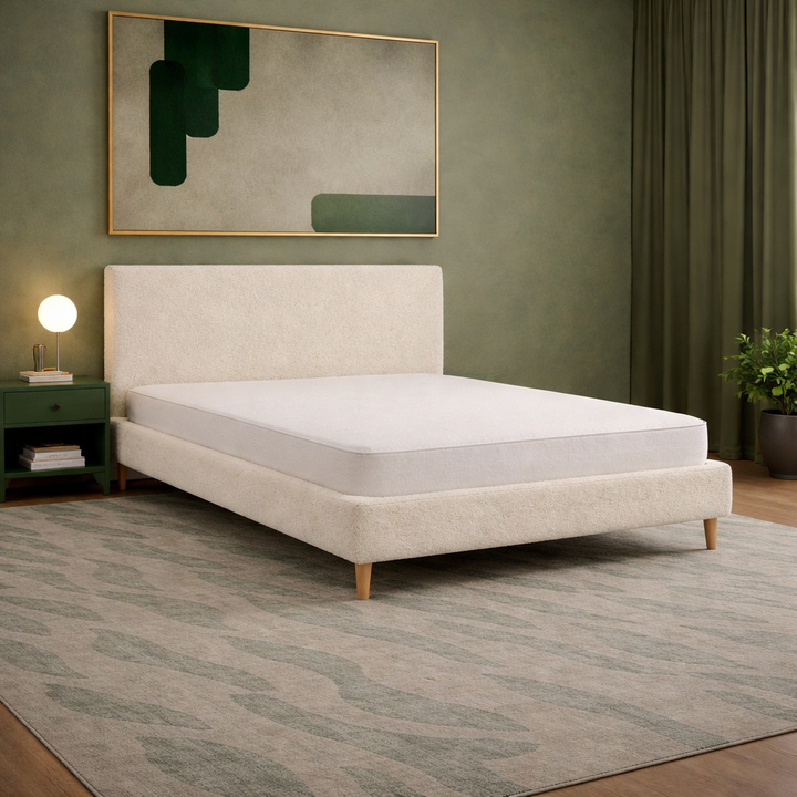 Loft - Lit avec tête de lit design nordique en tissu bouclette Sable